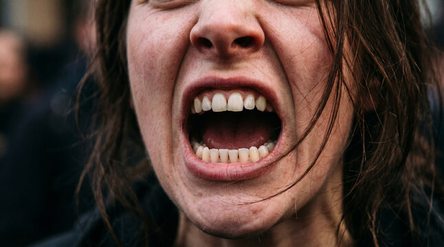 Extreme close-up of a woman screaming with eyes tightly closed, face contorted in intense pain, rage, or emotional breakdown
