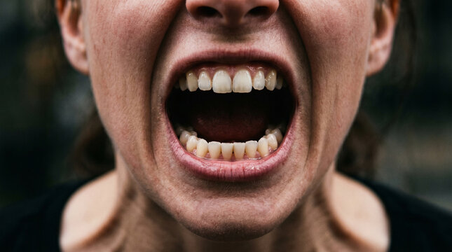 Extreme close-up of a woman screaming with eyes tightly closed, face contorted in intense pain, rage, or emotional breakdown