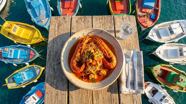 Lobster Spaghetti Greek Greek Astakos Lobster with Angel Hair Pasta in Tomato Bisque Sauce on Ceramic
