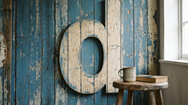 A large wooden letter O mounted on a rustic blue distressed wall next to a wooden stool with a coffee mug and book.