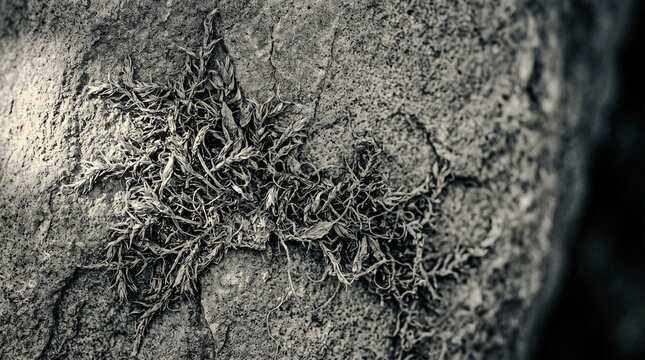 Dried moss colony on flat stone ash grey raking light, bryophyte stem leaf macro