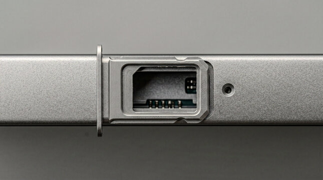 SIM card tray ejected top view ash grey, chamfer anodising micro-texture macro