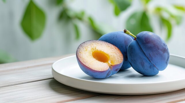 A single ripe deep blue plum cut in half, exposing juicy amber flesh and a stone pit, resting on a simple white plate, natural afternoon light