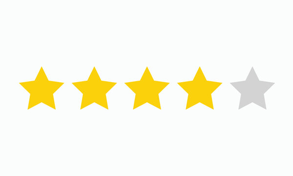 Four yellow stars with one grey star rating system isolated on white background symbol for service quality evaluation professional satisfaction feedback icon vector graphic design for web application.