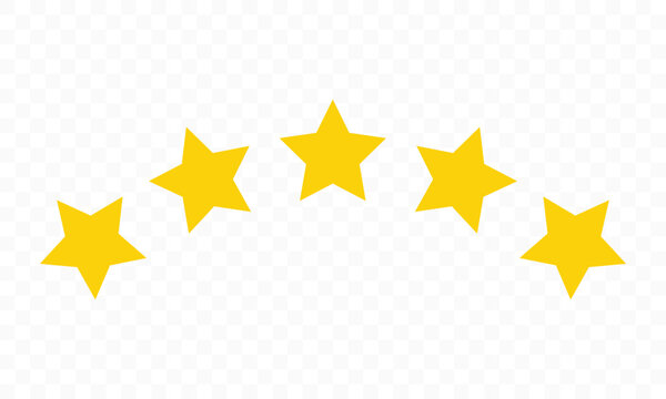 Five golden stars arranged in arc shape on transparent background for premium quality symbol and top ranking achievement vector illustration for excellence awards and high service standard concepts.