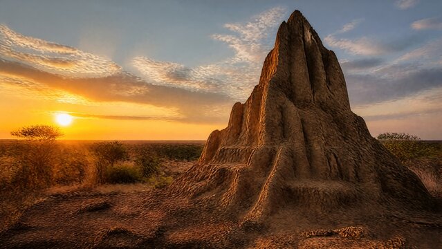 A large termite mound with stepped contours under a warm sunset sky.