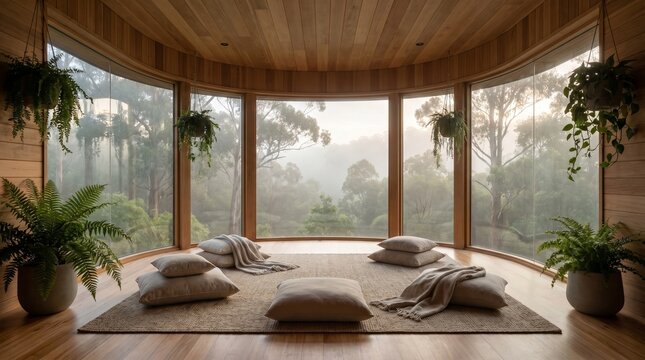 Japanese Wabi-Sabi inspired meditation room, textured clay walls, handcrafted ceramic decor, natural wood furniture, floor seating arrangement, warm sunlight, imperfect organic beauty, minimalist well