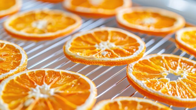 Dehydrated translucent orange slices arranged on a metal cooling rack, bright sunlight piercing through the citrus texture, warm aesthetic
