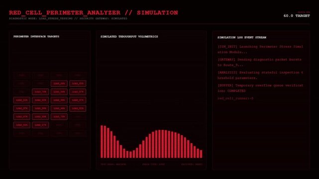 Red Cell Perimeter Analyzer Simulation Cyber Security Sci Fi HUD Interface Server Diagnostic Screen Tech Data Monitor Background.