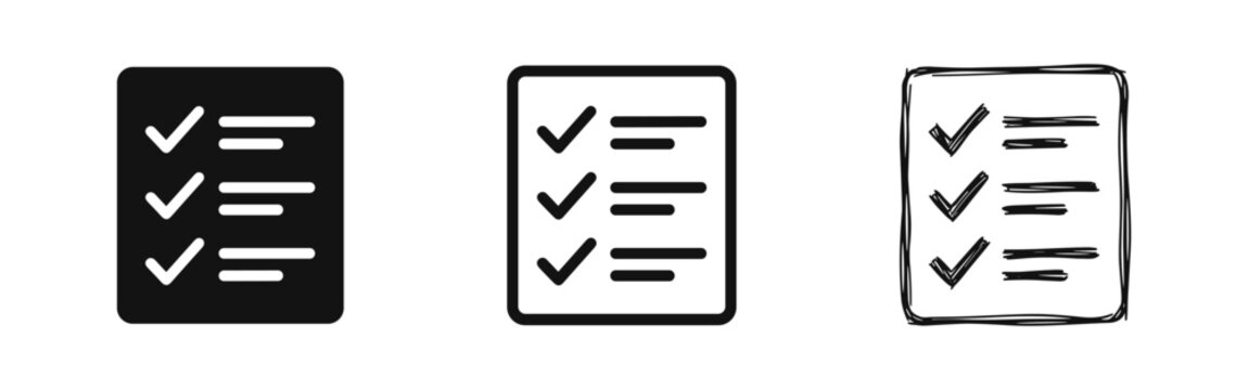 Checklist document icons with checkmarks in flat, outline, and doodle styles