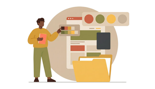 Male UI designer selecting color swatches for website interface template prototyping and digital asset management