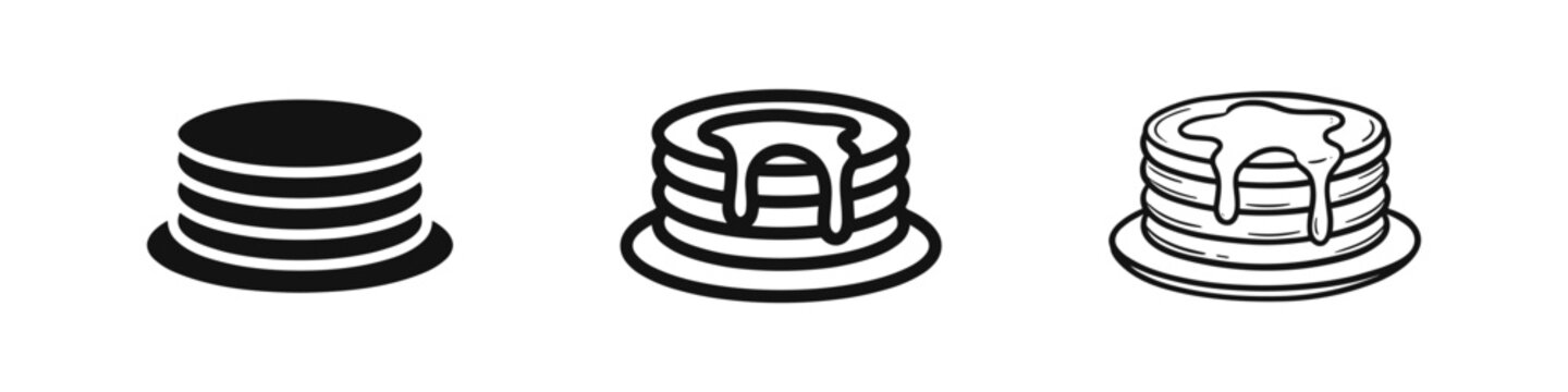 Pancake stack icons with syrup in flat, outline, and doodle styles