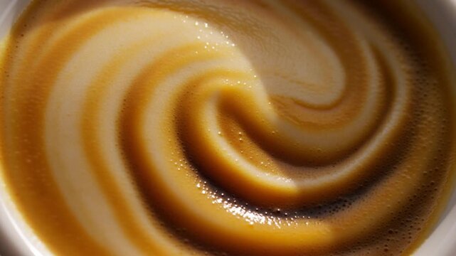 Coffee Crema &mdash; Macro Surface Detail. Overhead macro of a freshly pulled espresso shot, the golden crema surface slowly swirling and forming tiger stripe patterns. 