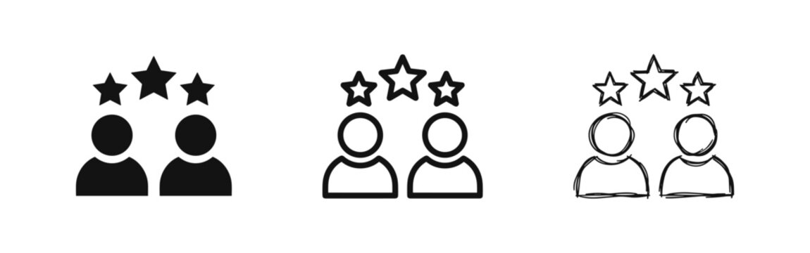 Customer Rating Icon Set with People and Stars in Solid, Outline, and Hand-Drawn Styles for Feedback and Reviews