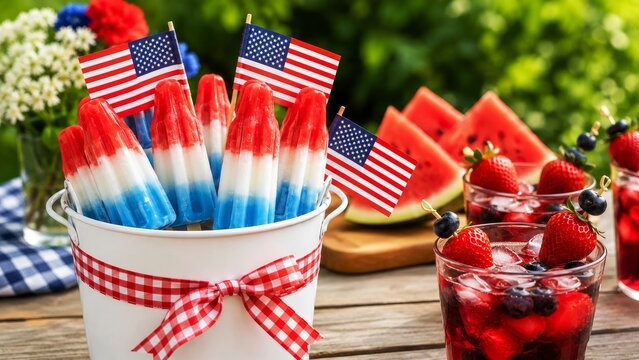 A festive summer display featuring red, white, and blue popsicles, drinks, and watermelon, perfect for celebrating patriotic holidays.