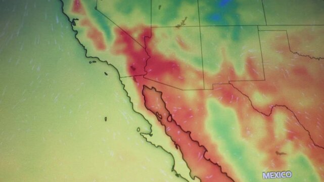 Dynamic heat wave anomaly over Mexico and the USA Southwest shown as a camera shot of a computer screen with pixels visible featuring temperature weather data and extreme heat climate visualization fo
