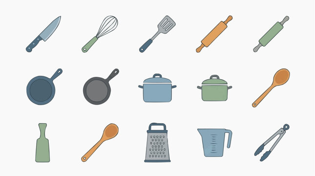 A collection of kitchen utensil illustrations for the concept of cooking and baking.