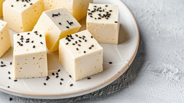 Perfect cubes of fresh white organic tofu cheese arranged on a minimalist porcelain plate, sprinkled with black sesame seeds, clean vegan food