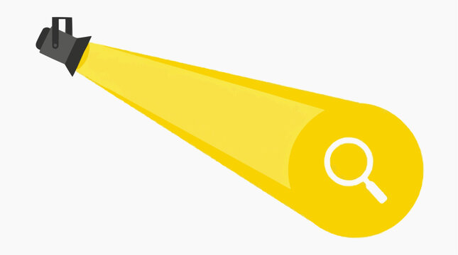 A spotlight shining a search icon, representing online search and information discovery.