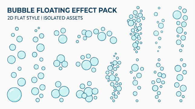 Bubble floating effect pack, 2D flat style, isolated assets for graphic design and creative projects.