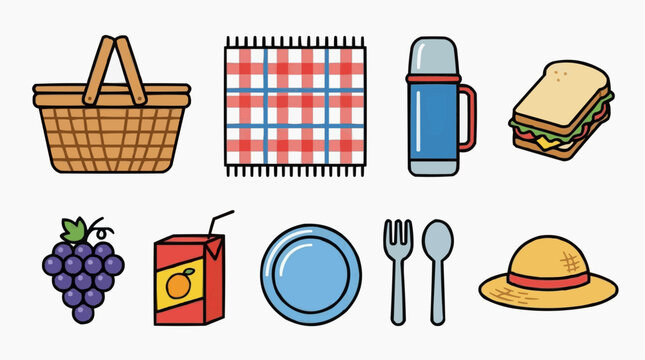 Picnic icons with basket, blanket, thermos, sandwich, grapes, juice, plate, cutlery, and hat for the concept of picnic and leisure.