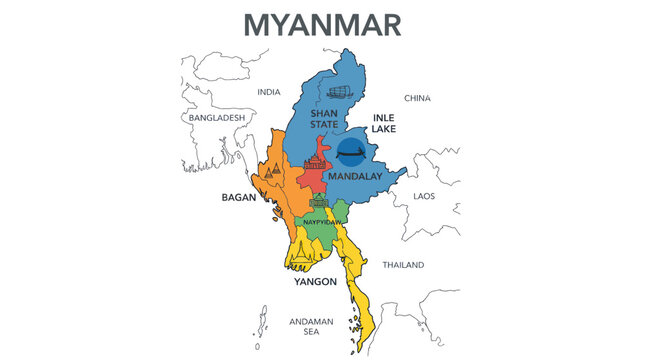 Map of Myanmar showing major cities and regions, including Inle Lake.