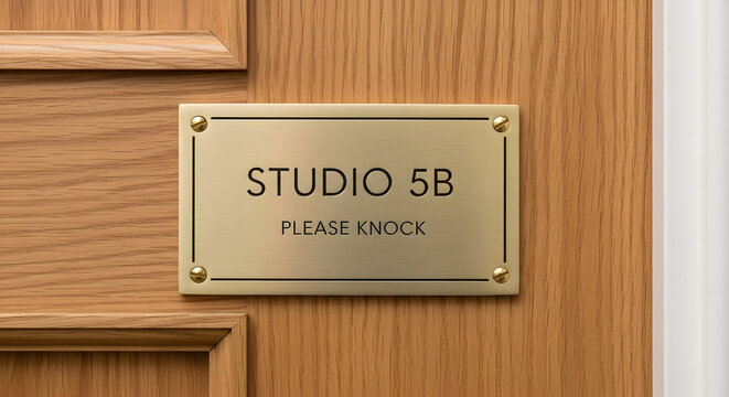 Golden nameplate with Studio 5B please knock text on wooden door