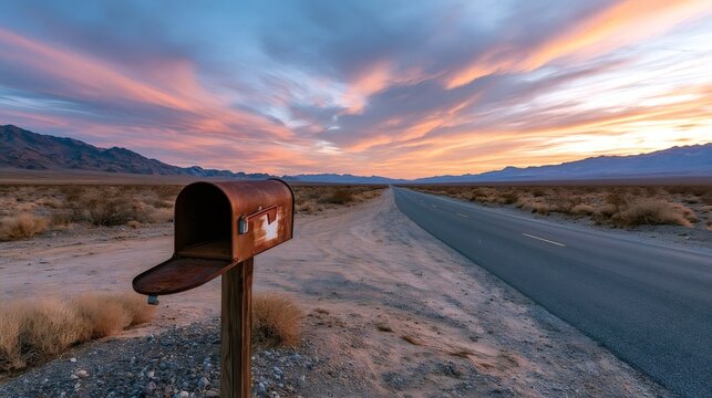 Rusty mailbox standing beside an empty asphalt road stretching into the distance across a vast barren desert landscape under a vibrant sunset sky with soft clouds and distant mountains
