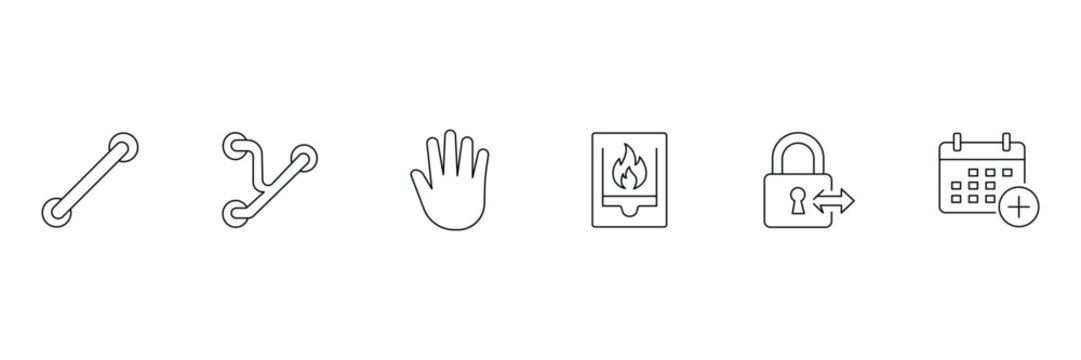 Elderly home safety and accessibility icons with grab bars, fire alarm, lock and calendar vector illustration.