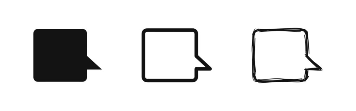 Speech Bubble Icon Set, Square Chat and Comment Box Vector, Three Styles Solid Outline and Hand Drawn Sketch