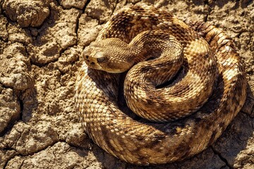 Fototapeta premium A Venomous Rattlesnake Coiled Tightly on Dry Desert Sand, Displaying its Dangerous Nature