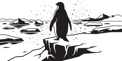 Penguin standing on iceberg in snowy Antarctic landscape minimalist silhouette illustration © Tasfia