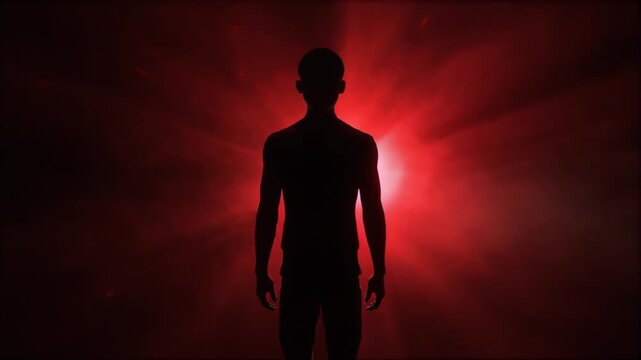 Faceless Silhouette Standing in Aggressive Red Digital Noise and Distortion Motion Graphics Background
