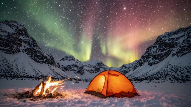 Aurora Borealis Over Snowy Mountain Campsite - An orange glowing tent and campfire sit in the snow, dwarfed by rugged, snow-capped mountains.