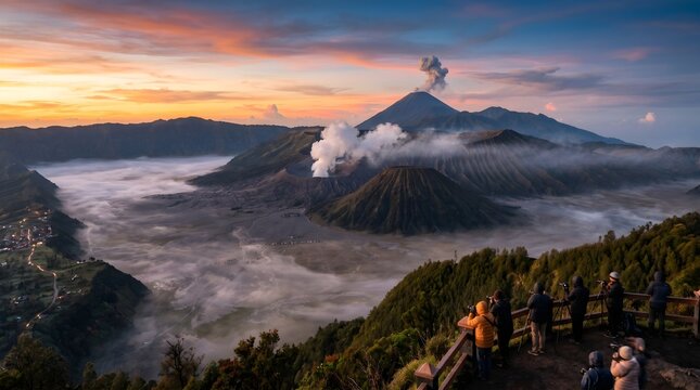 Group of people standing on a viewpoint watching the dramatic sunrise over the volcanic landscape of Mount Bromo, Mount Batok, and Mount Semeru shrouded in fog.