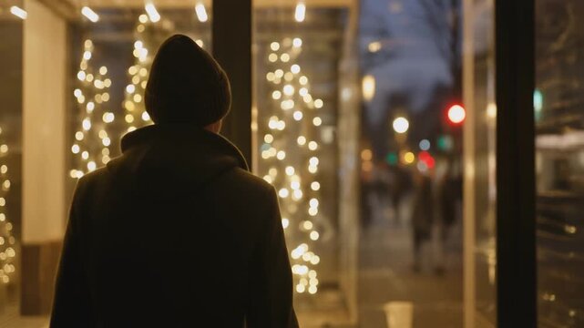 Silhouette of an Adult Shopper Standing in Front of a Glowing Christmas Tree in Shop Window, Holiday Evening Atmosphere