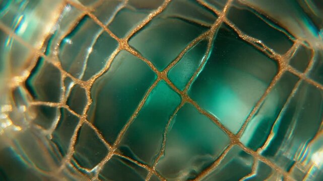Extreme Macro Shot of Transparent Crystalline Material with Glowing Gold Grid Lines, Futuristic Abstract Full HD Motion