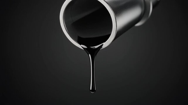 Industrial Extreme Macro Shot of Thick Black Oil Slowly Dripping from Metallic Pipe with Viscous Liquid Reflections