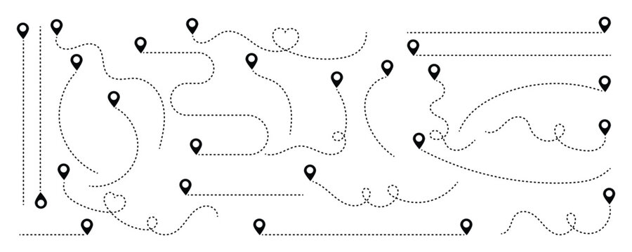 Simple route map icon with location pin. Route dash line with location pin. Hand drawn curve dotted line vector set. Dotted travel path symbol, navigation journey graphic element.