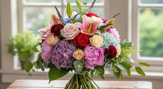 Colorful Mixed Flower Bouquet Arranged on Wooden Table by Bright Window
