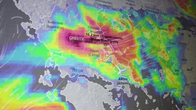 Dynamic extreme weather anomaly over Greece shown as a camera shot of a computer screen with pixels visible featuring severe thunderstorm activity rainfall intensity and atmospheric flow visualization