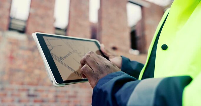 Construction, blueprint or hands on site with tablet screen, floor plan or building sheet on online app. Review, man or engineer with tech, industrial layout or operation report on digital platform.