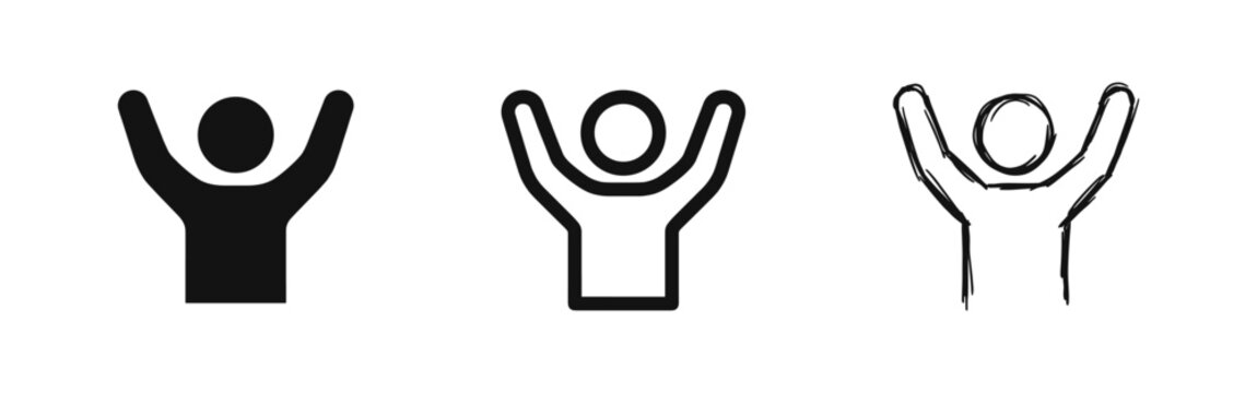 Set of person with arms raised icons in three styles for success achievement and celebration concepts