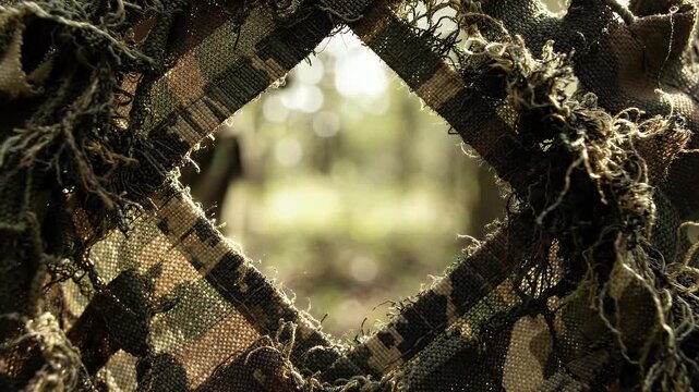 Camouflage Opening in Forest Background - A close-up view of a diamond-shaped opening in camouflage fabric, revealing a blurry forest scene and a distant deer silhouette.