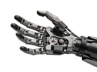 Fototapeta premium Advanced robotic prosthetic hand with intricate gears and carbon fiber details on a clean white background