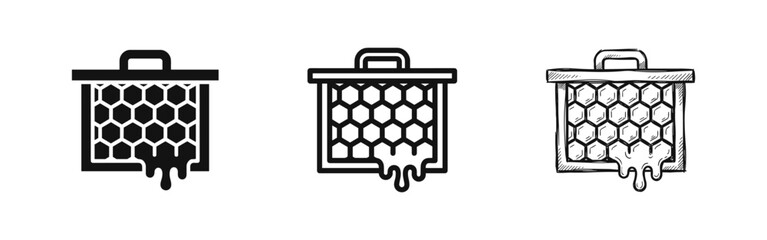 Honeycomb Frame with Dripping Honey Icon Set © drawing lines