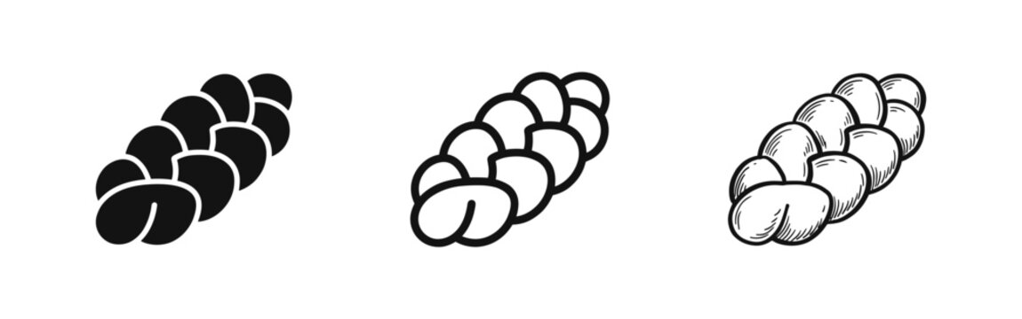 Braided challah bread icon set in solid, outline, and hand-drawn styles