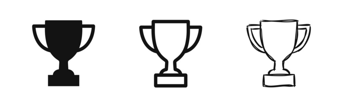Trophy cup winner icon set in solid, outline, and hand-drawn styles