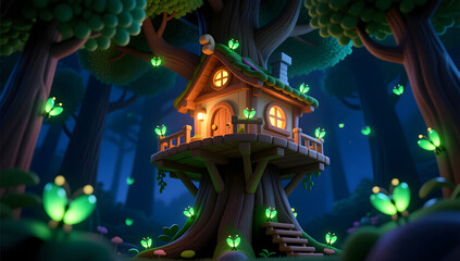 Obraz premium Midsummer Night Forest Treehouse Dreamy Fireflies