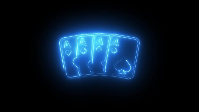 Glowing neon four aces playing cards animation, casino gambling concept, poker hand sign blue light